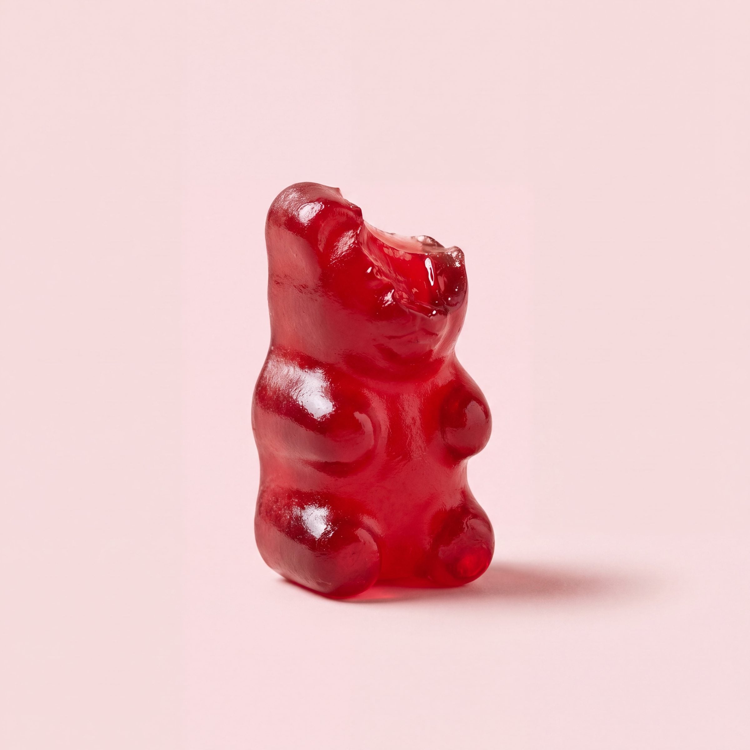 Eén robijnrood gummybeertje met een hap uit het hoofdje, op zacht blush-roze