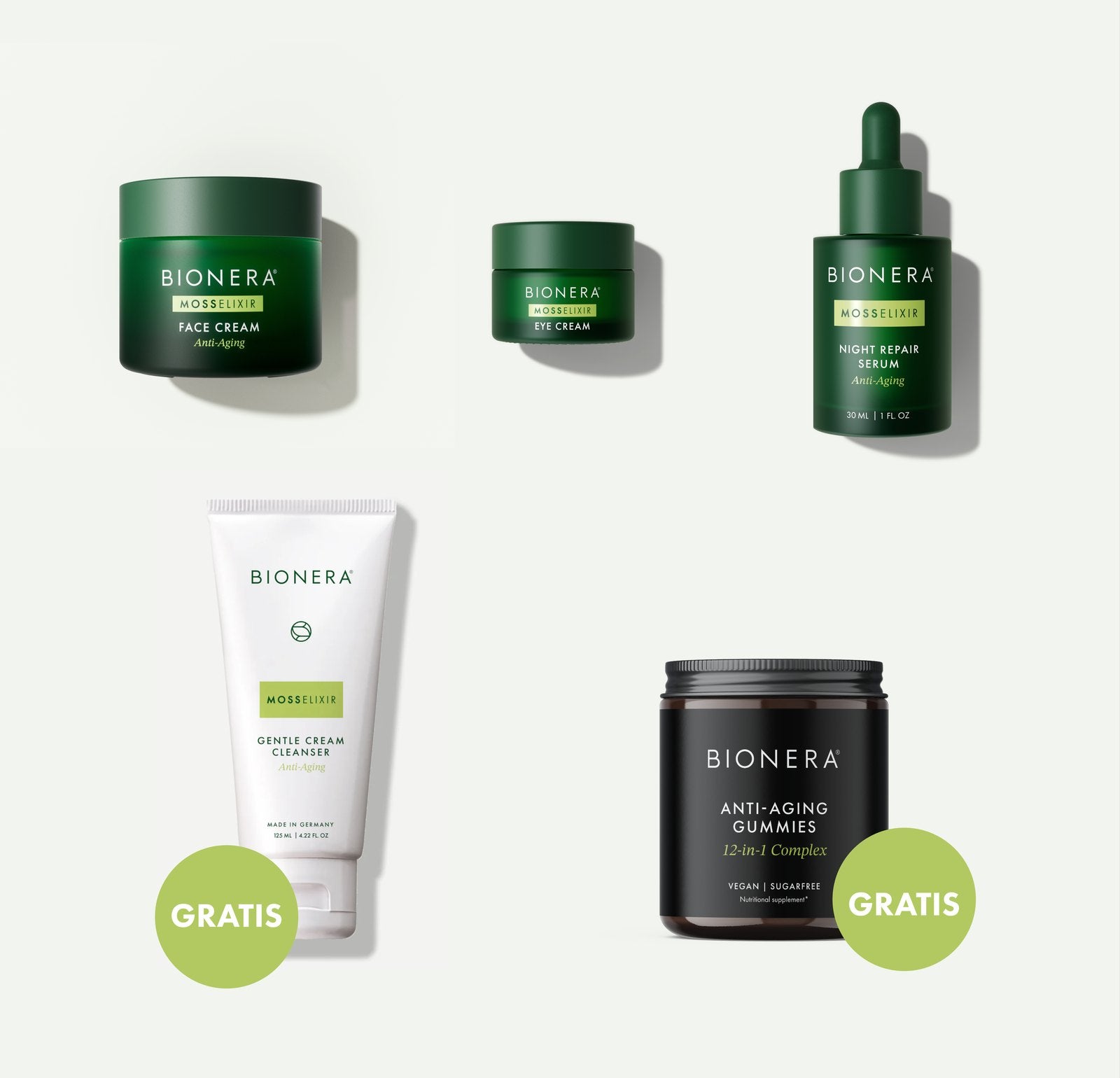 Bionera Complete Set: MossElixir Face Cream, Eye Cream, Night Repair Serum, Gentle Cream Cleanser en een pot gummies