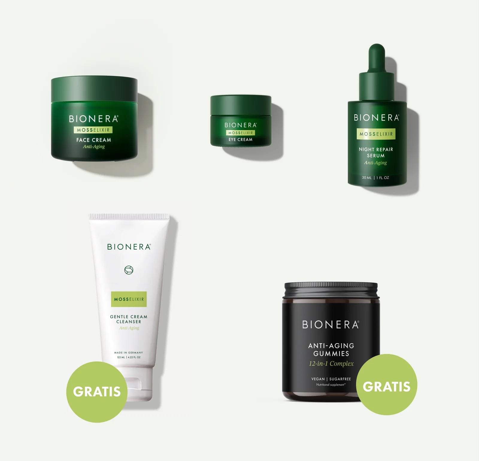 Bionera Complete Set: Face Cream, Eye Cream, Night Repair Serum, Gentle Cream Cleanser en een pot gummies