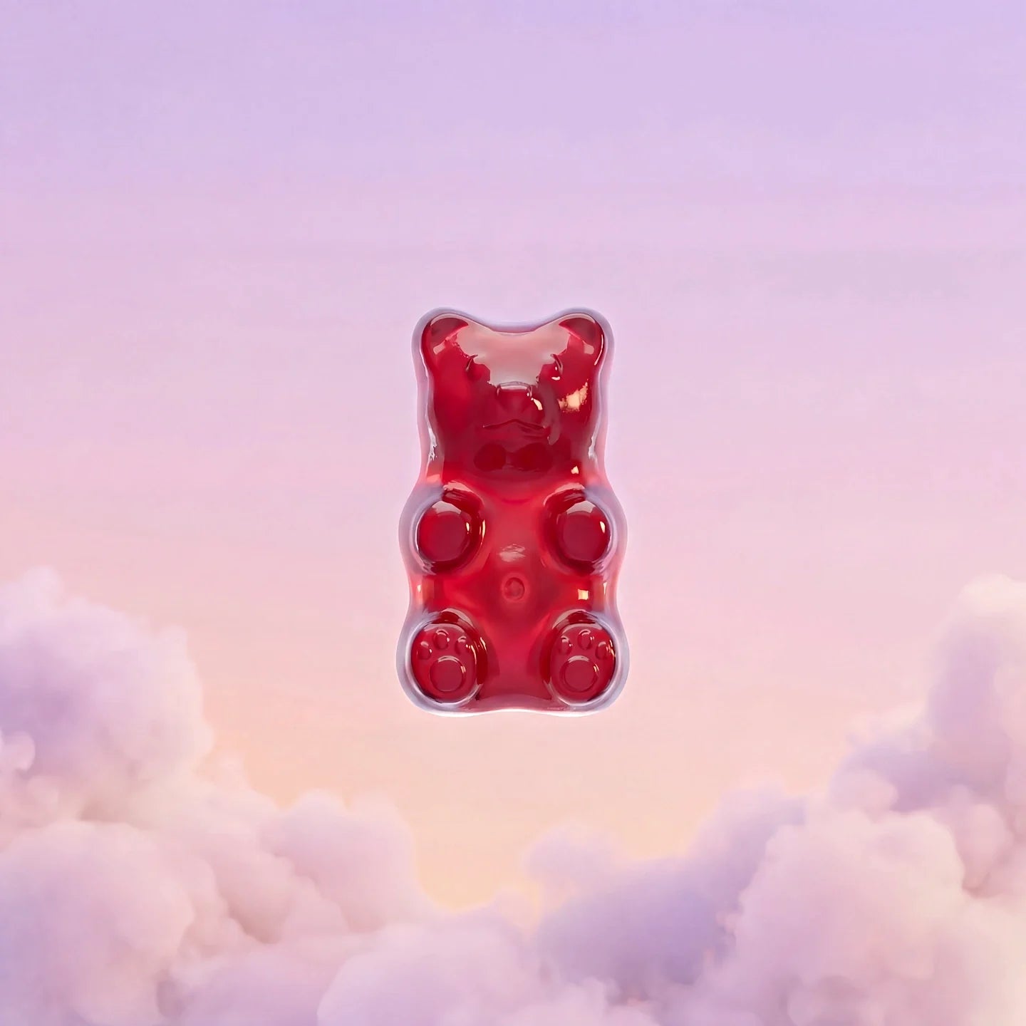 Eén rode Good Night gummy zweeft boven de wolken