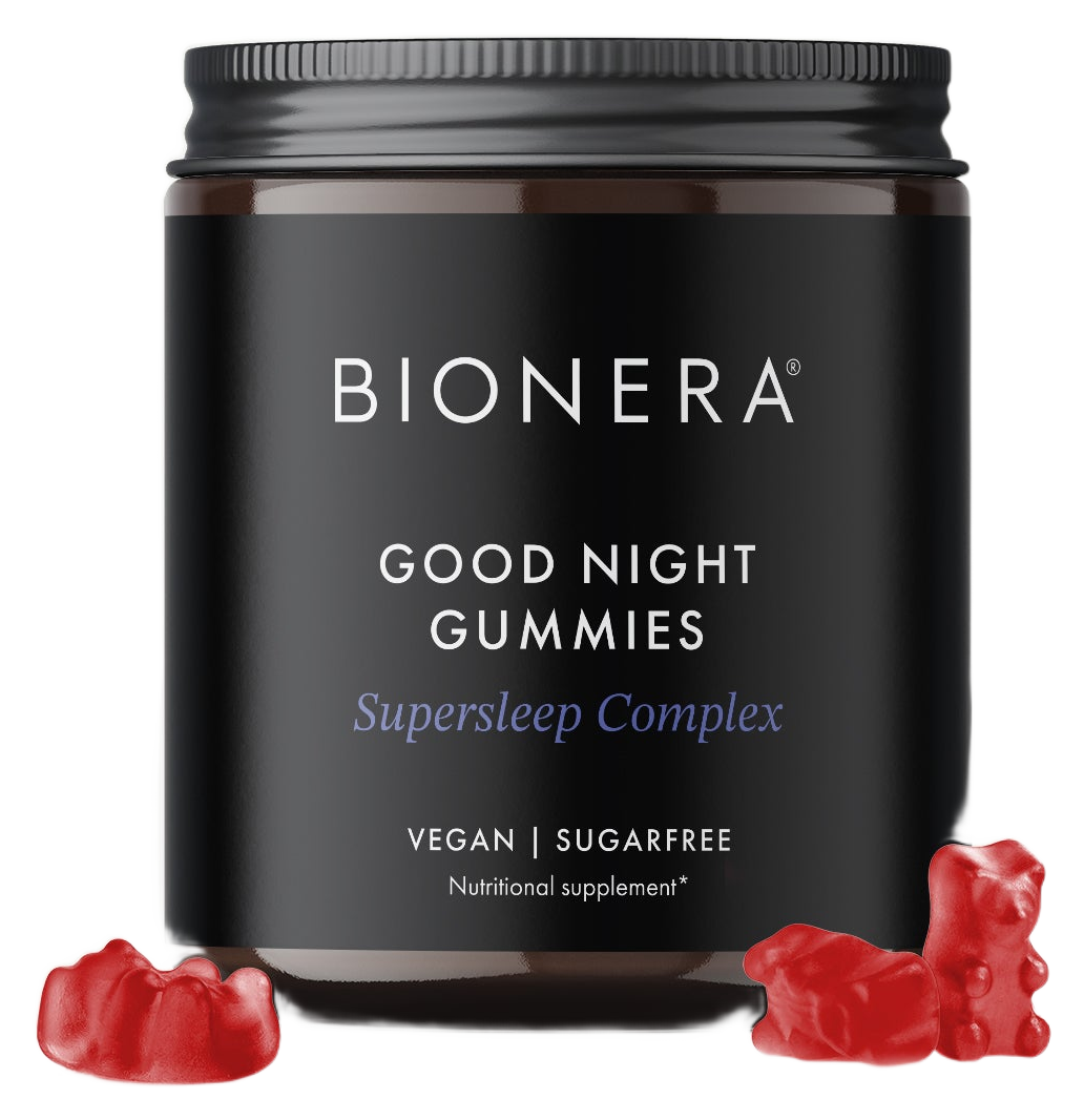 Pot Bionera Good Night Gummies, Supersleep Complex, met drie rode beertjes