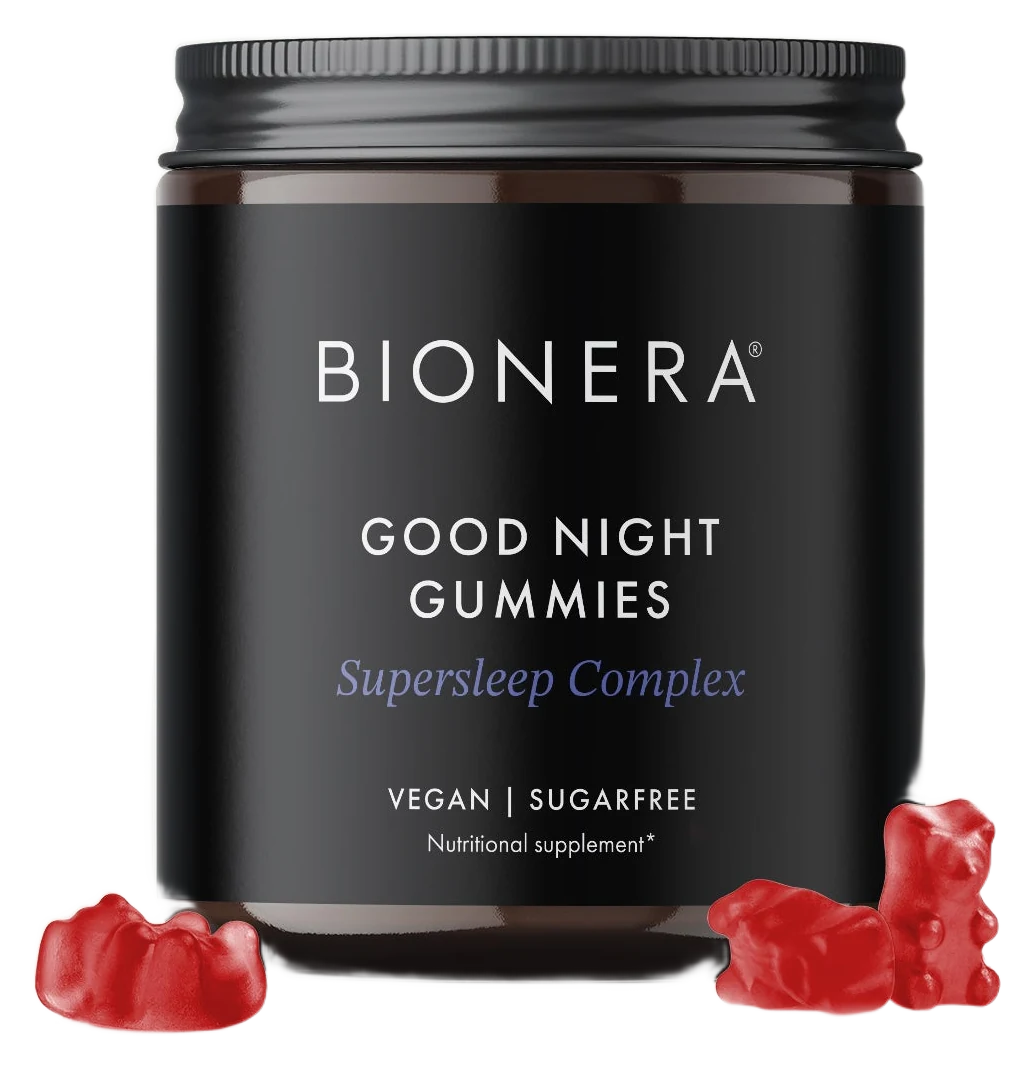 Pot Bionera Good Night Gummies, SuperSleep Complex, met drie rode gummies
