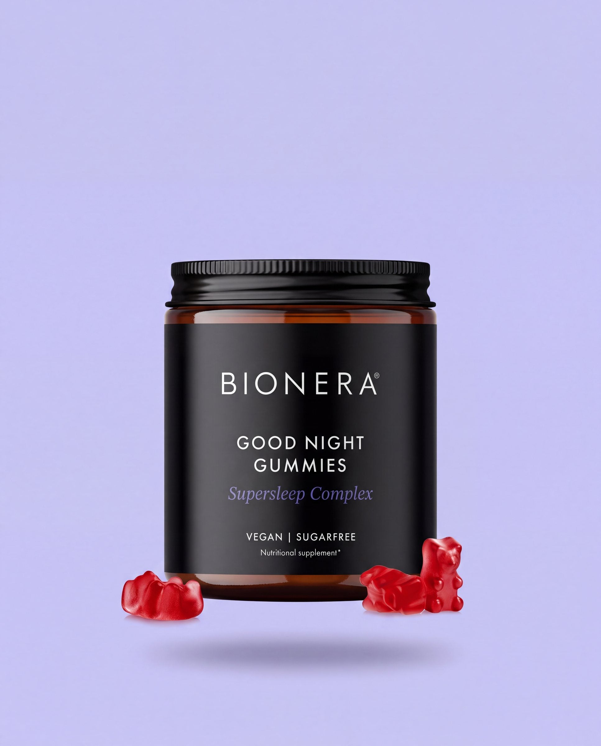 Pot Bionera Good Night Gummies zwevend op lila, met twee gummybeertjes aan de voet