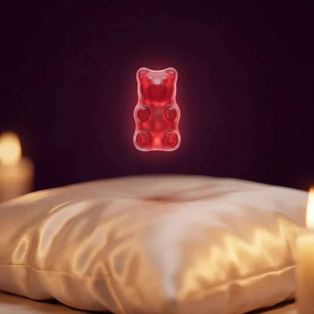 Eén rode Good Night gummy zweeft boven een zijden kussen bij kaarslicht