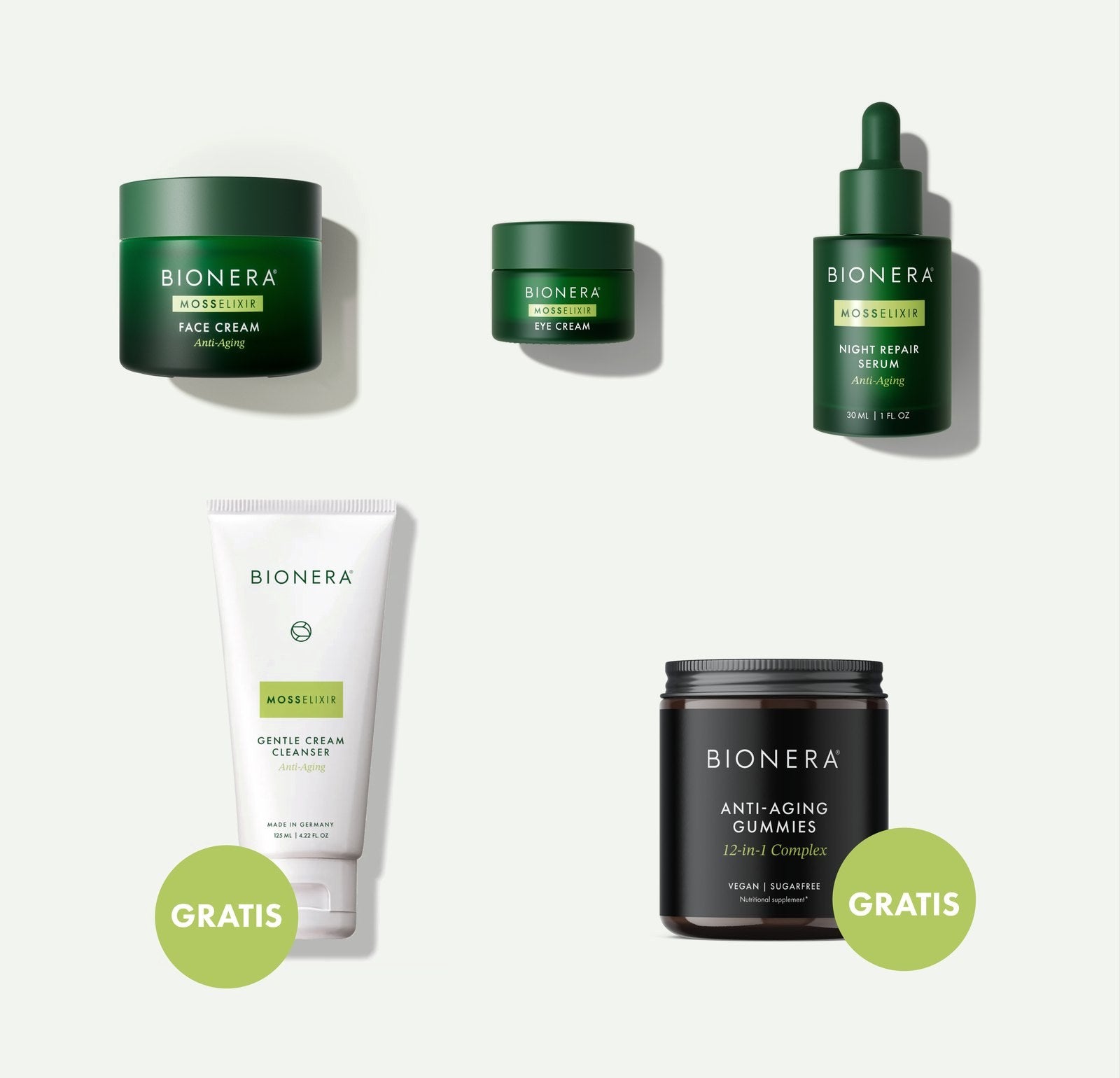 Bionera Complete Set: MossElixir Face Cream, Eye Cream, Night Repair Serum, Gentle Cream Cleanser en een pot gummies