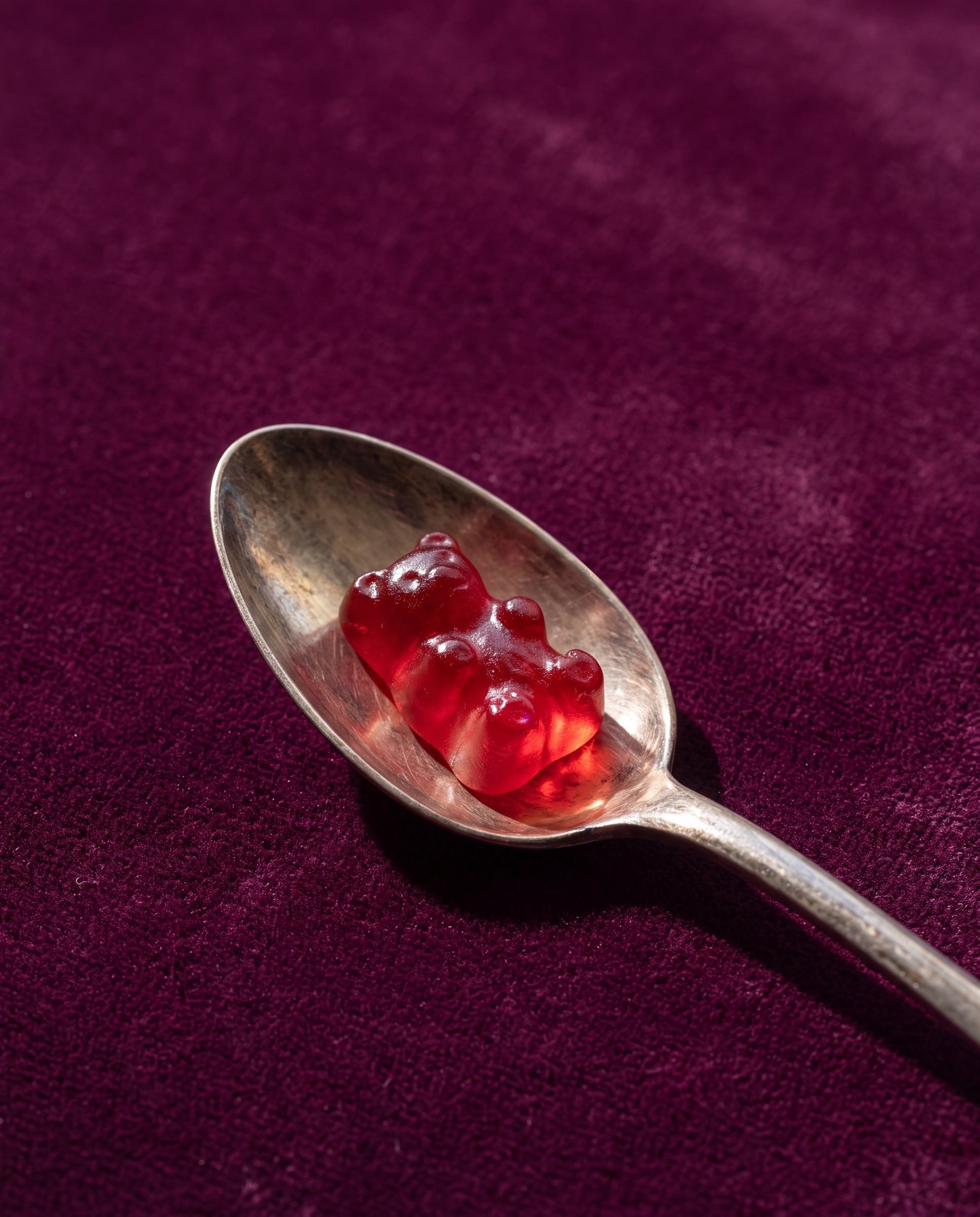 Eén robijnrode gummy in een zilveren lepeltje op donker pruimkleurig fluweel